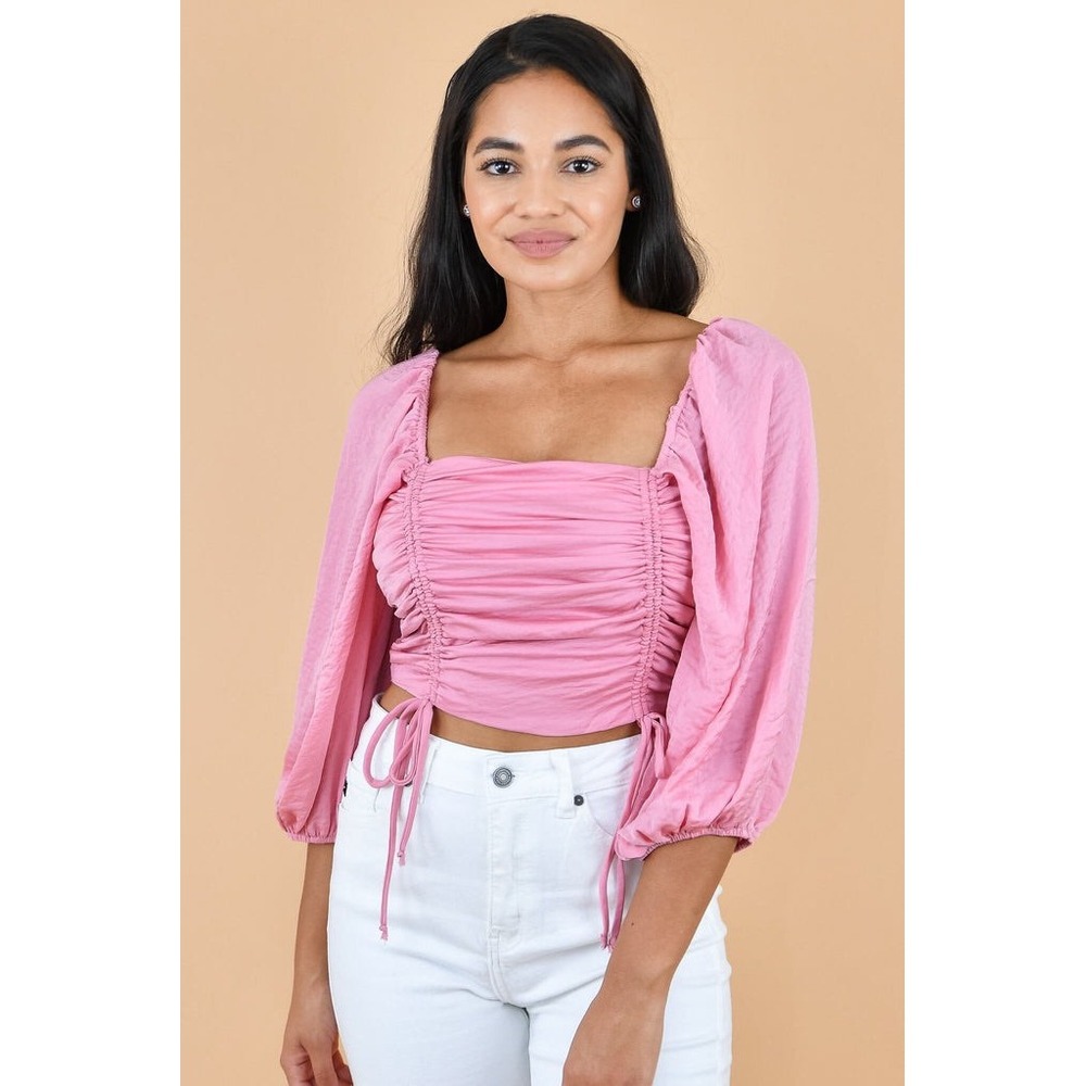 HYFVE Pink Ruched Square Neck Crop Top Long Puff Sleeve Drawstring Size S